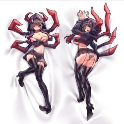 Rule 34 | 1girl, arthropod girl, ass, black hair, black thighhighs, blunt bangs, boots, bound, bound wrists, breasts, cleavage, commission, covering privates, covering breasts, dakimakura (medium), embarrassed, garter straps, high heel boots, high heels, large breasts, looking at viewer, muloli, multiple views, navel, red eyes, stomach, sweat, thighhighs, wavy mouth
