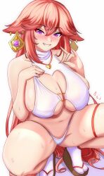 Rule 34 | 1girl, animal ears, anisdrawn, bare shoulders, bikini, blush, breasts, cleavage cutout, clothing cutout, commentary, fox ears, genshin impact, grin, hands up, heart cutout, highres, large breasts, long hair, looking at viewer, navel, nose blush, pink hair, purple eyes, simple background, smile, socks, solo, squatting, stomach, swimsuit, thigh strap, thighs, very long hair, white background, white bikini, white socks, yae miko