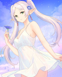 Rule 34 | 1girl, absurdres, alternate costume, bare shoulders, blue flower, breasts, closed mouth, cloud, cloudy sky, cowboy shot, dress, earrings, elf, flower, frieren, green eyes, highres, jewelry, long hair, looking at viewer, medium breasts, parted bangs, pointy ears, short dress, sideboob, sky, sleeveless, sleeveless dress, smile, solo, sousou no frieren, truejekart, twintails, white dress, white hair