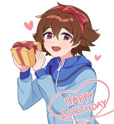 Rule 34 | 1boy, :d, blue jacket, box, brown eyes, brown hair, commentary request, creatures (company), game freak, gift, gift box, hairband, hands up, happy birthday, heart, hilbert (pokemon), holding, holding gift, jacket, long sleeves, male focus, nintendo, open mouth, p (flavorppp), pokemon, pokemon bw, second-party source, short hair, smile, solo, upper body, zipper pull tab