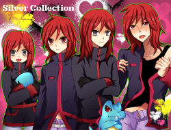 Rule 34 | alternate costume, black gloves, creatures (company), crossed arms, egg, game freak, gen 2 pokemon, gloves, grey eyes, nintendo, pokemon, pokemon (creature), red eyes, red hair, silver (pokemon), smile, sweatdrop, tears, totodile, undressing