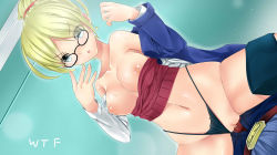 Rule 34 | &gt;:o, 1boy, 1girl, :o, armpits, artist name, bare shoulders, black-framed eyewear, black panties, black skirt, blonde hair, blue eyes, blue jacket, blush, breasts, breasts out, buckle, bulge, cleavage, clothed sex, clothes lift, clothing aside, collarbone, cowgirl position, denim, earrings, eyes visible through hair, forecast janna, galgo (awokenisfear), girl on top, glasses, groin, hair over one eye, hetero, highres, indoors, jacket, janna (league of legends), jeans, jewelry, league of legends, long sleeves, midriff, navel, nipples, off-shoulder, off-shoulder sweater, off shoulder, open clothes, open jacket, open mouth, open shirt, panties, panties aside, pants, penis, phone, pov, pussy, pussy juice, round eyewear, scrunchie, sex, shirt, short hair, short ponytail, skirt, skirt around one leg, smile, solo focus, spread legs, stomach, straddling, striped clothes, striped shirt, sweatdrop, sweater, sweater lift, thong, uncensored, underwear, v-shaped eyebrows, vaginal, wavy mouth, white shirt, wince