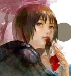 Rule 34 | 1girl, abstract background, archived source, black jacket, brown eyes, brown hair, candy, chocolate, chocolate bar, food, jacket, kui ryouko, looking at viewer, original, painting (medium), red lips, short hair, source request, traditional media, tree, watercolor (medium)