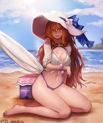 Rule 34 | 1girl, arm support, bad id, bad pixiv id, bare legs, beach, bikini, blue bikini, blue sky, blush, breasts, brown hair, cleavage, cloud, cooler, dated, day, framed breasts, front-tie top, girls&#039; frontline, green eyes, groin, hair between eyes, hat, head tilt, highleg, highleg bikini, highres, kibellin, large breasts, long hair, looking at viewer, navel, ocean, official alternate costume, open mouth, sand, see-through, shaded face, shirt, sidelocks, signature, sitting, sky, sleeves rolled up, smile, solo, springfield (girls&#039; frontline), springfield (stirring mermaid) (girls&#039; frontline), stomach, sun hat, sunglasses, swimsuit, thighs, umbrella, waves, white hat, white shirt, yokozuwari