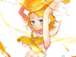 Rule 34 | 1girl, arms up, bare shoulders, blonde hair, blue eyes, bow, collar, collared shirt, commentary, crop top, expressionless, food, forehead, fruit, hair bow, hair ornament, hairclip, highres, holding, holding food, holding fruit, kagamine rin, liquid, looking at viewer, neckerchief, orange (fruit), oversized food, oversized object, oyamada gamata, parted lips, sailor collar, shirt, shoulder tattoo, swept bangs, symbol-only commentary, tattoo, vocaloid, white background, white bow, white collar, white shirt, yellow neckerchief