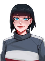 Rule 34 | 1girl, absurdres, black hair, blue eyes, blunt bangs, commission, highres, lips, looking at viewer, qtori, real life, short hair, smile, solo, suzi hunter, upper body