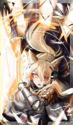 Rule 34 | 1girl, animal ear fluff, animal ears, arknights, arm guards, armor, border, forest, glowing, glowing weapon, grey border, hair between eyes, headset, heterochromia, highres, holding, holding sword, holding weapon, horse ears, implied extra ears, long hair, looking at viewer, nature, nearl (arknights), nearl the radiant knight (arknights), orange eyes, outside border, ponytail, shoulder armor, solo, sword, v-shaped eyebrows, very long hair, weapon, yellow eyes, yo-ba yo
