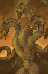 Rule 34 | bad id, bad pixiv id, black sclera, brown background, colored sclera, dragon, glowing, glowing eyes, godzilla: king of the monsters, godzilla (series), horns, kaijuu, king ghidorah, king ghidorah (monsterverse), legendary pictures, monster, monsterverse, multiple heads, no humans, open mouth, ratryu, sharp teeth, simple background, solo, teeth, toho, white eyes, wings