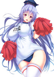 Rule 34 | 1girl, alternate costume, blush, breasts, buruma, cheerleader, covered erect nipples, ebi 193, female focus, gym uniform, hat, kamishirasawa keine, large breasts, long hair, looking at viewer, open mouth, pom pom (cheerleading), purple eyes, revision, silver hair, simple background, smile, solo, thighhighs, touhou, very long hair, white background