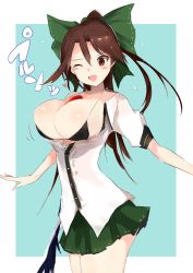 Rule 34 | 1girl, blue background, blush, bra, breasts, breasts out, brown eyes, brown hair, bursting breasts, fang, flying sweatdrops, hair ornament, hair ribbon, heart, large breasts, long hair, looking down, miniskirt, one eye closed, open mouth, ponytail, puffy sleeves, reiuji utsuho, ribbon, shirt, short sleeves, skirt, solo, sweat, tetsurou (fe+), text focus, third eye, touhou, transparent background, unbuttoned, underwear