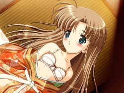 Rule 34 | 00s, 1girl, amu uduki, bare shoulders, blue eyes, blunt bangs, blush, bow, bow bra, bra, brown hair, embarrassed, flat chest, floral print, from above, game cg, hair ornament, indoors, japanese clothes, kimono, lace, lace-trimmed bra, lace trim, lingerie, long hair, looking at viewer, lying, maple colors, midriff, off shoulder, on back, on floor, open clothes, open kimono, parted bangs, parted lips, sash, solo, tatami, toma (asagayatei), underwear, undressing, upper body, uzuki amu, white bra