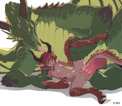 Rule 34 | 1boy, 1girl, artist name, blue eyes, breasts, brown hair, claws, closed mouth, colored skin, completely nude, cum, cum in pussy, cum overflow, d-rex, dragon, dragon girl, dragon horns, full body, furry, furry male, green skin, heteri, hetero, holding another&#039;s leg, horns, large penis, long hair, lying, multicolored skin, nipples, no pupils, nude, on side, original, penis, pointy ears, pussy, red skin, sex, sex from behind, small breasts, spiked penis, spread legs, tongue, tongue out, vaginal, white background