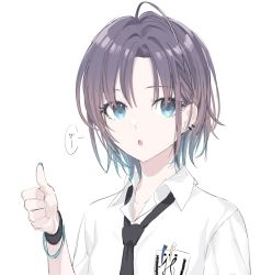 Rule 34 | ahoge, asakura toru, black necktie, blue eyes, blue hair, brown hair, check commentary, commentary, commentary request, eyelashes, gradient hair, hand up, highres, idolmaster, idolmaster shiny colors, looking at viewer, multicolored hair, necktie, open mouth, pen in pocket, pocket, shirt, short hair, simple background, solo, speech bubble, thumbs up, upper body, vickyycy99, white background, white shirt, wing collar, wristband
