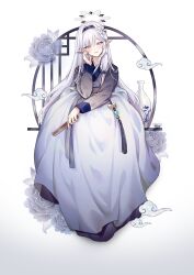 Rule 34 | 1girl, blue archive, blue eyes, cloud, flower, hair flower, hair ornament, hairband, halo, hanbok, hand fan, hand on own face, highres, himari (blue archive), holding, holding fan, korean clothes, long hair, picter, pointy ears, sitting, solo, tassel, vase, white background, white hanbok