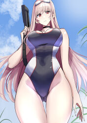 Rule 34 | 1girl, arms up, ass, black choker, black jacket, black one-piece swimsuit, blush, breasts, brown hair, choker, clash kuro neko, closed mouth, competition swimsuit, covered navel, curvy, eyewear on head, fingernails, from below, gluteal fold, goddess of victory: nikke, hair between eyes, highleg, highleg swimsuit, highres, holding, holding weapon, jacket, large breasts, light brown hair, long hair, looking at viewer, looking down, multicolored clothes, official alternate costume, one-piece swimsuit, over shoulder, rapi (classic vacation) (nikke), rapi (nikke), red eyes, sidelocks, skin tight, solo, standing, swimsuit, thigh gap, very long hair, weapon, weapon over shoulder, wide hips