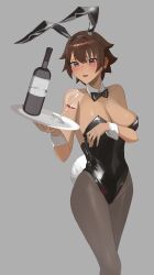 Rule 34 | 1girl, absurdres, animal ears, bare shoulders, black bow, black bowtie, black leotard, blush, bottle, bow, bowtie, breasts, brown eyes, brown hair, cleavage, cup, detached collar, drinking glass, fake animal ears, fake tail, grey background, highres, holding, holding tray, large breasts, leotard, mm (mhm2592), open mouth, original, pantyhose, playboy bunny, rabbit ears, rabbit tail, short hair, simple background, solo, strapless, strapless leotard, tail, tomboy, tray, white wrist cuffs, wine bottle, wine glass, wrist cuffs