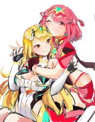Rule 34 | 2girls, bare shoulders, black gloves, blonde hair, blush, breasts, chest jewel, cleavage, cleavage cutout, clothing cutout, dress, dual persona, earrings, elbow gloves, female focus, fingerless gloves, gloves, grin, highres, jewelry, large breasts, long hair, matching hair/eyes, multiple girls, mythra (xenoblade), one eye closed, pyra (xenoblade), red eyes, red hair, red legwear, red shorts, short dress, short hair, short shorts, shorts, simple background, smile, swept bangs, tiara, tim (a9243190a), very long hair, white background, white dress, white gloves, xenoblade chronicles (series), xenoblade chronicles 2, yellow eyes