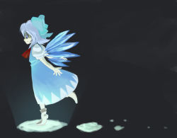 Rule 34 | 1girl, black background, blue bow, blue days, blue dress, blue hair, bobby socks, bow, cirno, dress, female focus, from side, hair bow, ice, ice wings, profile, puffy short sleeves, puffy sleeves, short sleeves, simple background, smile, socks, solo, touhou, tsukinami, tsukinami kousuke, white socks, wings