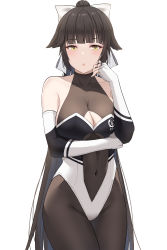 Rule 34 | 1girl, absurdres, animal ears, azur lane, black hair, black pantyhose, blunt bangs, bodystocking, bow, breasts, brown eyes, cleavage cutout, clothing cutout, cowboy shot, dog ears, hair flaps, highres, large breasts, logo, long hair, looking at viewer, multicolored leotard, murding, official alternate costume, pantyhose, ponytail, race queen, simple background, solo, standing, takao (azur lane), takao (full throttle charmer) (azur lane), two-tone leotard, white background, white bow