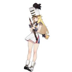 Rule 34 | 1girl, black ribbon, black wristband, blonde hair, blue stripes, blunt bangs, boots, closed mouth, dress, epaulettes, full body, gebijiade 89, girls&#039; frontline, hair over shoulder, hair ribbon, hat, hat feather, highres, holding, holding instrument, instrument, long hair, looking at viewer, low-tied long hair, marching band, mole, mole under eye, no socks, oboe, official alternate costume, official art, pout, purple eyes, red stripes, ribbon, shako cap, shirt, simple background, sleeveless, sleeveless shirt, solo, standing, transparent background, very long hair, vhs (girls&#039; frontline), vhs (swan lake scherzo) (girls&#039; frontline), white dress, white footwear, white hat, white shirt, white stripes
