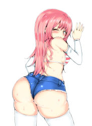Rule 34 | 1girl, :q, ;q, arm warmers, arufu, ass, back, bad id, bad pixiv id, bare shoulders, blush, breasts, denim, denim shorts, from behind, highres, huge ass, long hair, looking back, one eye closed, open mouth, original, pink eyes, pink hair, shiny clothes, shiny skin, short shorts, shorts, sideboob, skindentation, smile, solo, sweat, thick thighs, thighhighs, thighs, tongue, tongue out, white thighhighs, wink