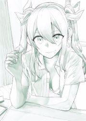 Rule 34 | 10s, 1girl, alternate costume, bra, breasts, buttons, cleavage, closed mouth, collarbone, collared shirt, commentary, cookie, curtains, elbow rest, floor, food, food on face, hair between eyes, hair over shoulder, hair ribbon, highres, kantai collection, long hair, looking at viewer, monochrome, open clothes, open shirt, ribbon, shirt, short sleeves, snack, solo, table, tone (kancolle), twintails, underwear, yami (m31)