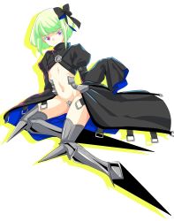 Rule 34 | 1boy, armor, armored boots, boots, cosplay, crossdressing, crotch plate, fate/extra, fate/extra ccc, fate (series), green hair, hair ribbon, kisekisaki, lio fotia, long sleeves, looking at viewer, male focus, meltryllis (fate), meltryllis (fate) (cosplay), navel, promare, purple eyes, ribbon, short hair, sleeves past wrists, solo