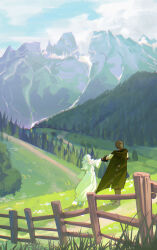 Rule 34 | 2boys, adventurer (ff14), black cape, black gloves, blue sky, boots, brown footwear, cape, capelet, chinese commentary, cloud, commentary request, day, elbow gloves, facing away, fence, final fantasy, final fantasy xiv, forest, gloves, grass, highres, hill, holding hands, hood, hood down, hooded capelet, hyur, landscape, male focus, mask, mask around neck, medium hair, mountain, mountainous horizon, multiple boys, nature, outdoors, outstretched arm, path, road, robe, rou bao natie, scenery, shadow, sky, sophist&#039;s robe (ff14), standing, themis (ff14), thigh boots, unworn mask, warrior of light (ff14), white capelet, white hair, white robe, wide shot, wide sleeves, wooden fence, yaoi