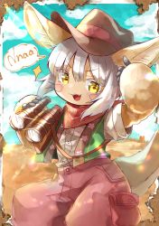 Rule 34 | 1other, :3, alternate costume, animal ears, aqua sky, bandana, binoculars, blush, brown fur, brown hat, cloud, commentary, cowboy hat, cowboy western, desert, fang, feet out of frame, furry, glint, green vest, grey hair, hair between eyes, hat, hat ribbon, highres, holding, holding binoculars, lens flare, looking at viewer, made in abyss, mumu yu mu, nanachi (made in abyss), open clothes, open mouth, open vest, other focus, outdoors, pants, puffy pants, red bandana, red pants, ribbon, shirt, shirt tucked in, short hair, short sleeves, smile, sparkle, speech bubble, symbol-only commentary, tail, v-shaped eyebrows, vest, white shirt, yellow eyes
