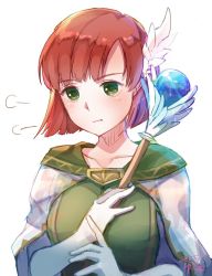 Rule 34 | 1girl, closed mouth, fire emblem, fire emblem: the blazing blade, gloves, green eyes, hair ornament, holding, holding staff, nintendo, pout, priscilla (fire emblem), red hair, short hair, simple background, solo, staff, tarayuki, upper body, white background, white gloves, wing hair ornament
