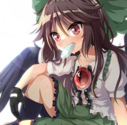 Rule 34 | 1girl, bad id, bad pixiv id, bird wings, black gloves, black socks, black wings, blouse, blush, bow, brown hair, buttons, chitose hachi, collared shirt, commentary request, feet out of frame, food, food in mouth, frilled skirt, frills, gloves, green bow, green skirt, hair between eyes, hair bow, kneehighs, long hair, looking at viewer, open mouth, popsicle, puffy short sleeves, puffy sleeves, red eyes, reiuji utsuho, shirt, short sleeves, simple background, skirt, socks, solo, third eye, touhou, white background, white shirt, wings