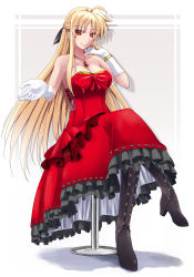Rule 34 | 1girl, ahoge, black bow, black footwear, blonde hair, boots, bow, braid, breasts, cleavage, closed mouth, collarbone, crossed legs, dress, fate testarossa, full body, gloves, hair between eyes, hair bow, high heel boots, high heels, highres, jewelry, large breasts, layered dress, long dress, long hair, looking at viewer, lyrical nanoha, mahou shoujo lyrical nanoha, necklace, red dress, red eyes, sitting, sleeveless, sleeveless dress, smile, solo, sougetsu izuki, strapless, strapless dress, very long hair, white gloves