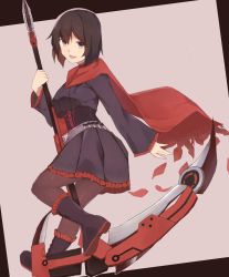 Rule 34 | 1girl, bandolier, belt, black dress, black footwear, black hair, black pantyhose, boots, breasts, bullet, cape, corset, crescent rose, dress, frilled boots, frilled dress, frilled skirt, frilled sleeves, frills, gradient hair, grey eyes, highres, holding, holding weapon, long sleeves, multicolored hair, pantyhose, petals, red cape, red hair, rizeass, rose petals, ruby rose, rwby, scythe, short hair, simple background, skirt, smile, solo, two-tone hair, weapon, white background
