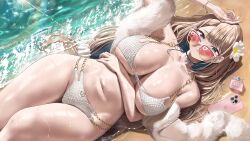 1girl absurdres bare_shoulders bikini blue_eyes breasts brown_hair cellphone choker cleavage curvy feather_boa flower fuyuyama_asako hair_flower hair_ornament hands_on_own_stomach highres huge_breasts kuse_(0201) large_breasts long_hair looking_at_viewer lying navel on_back original outdoors phone pink_nails sand smartphone smile solo sunglasses swimsuit thighs tinted_eyewear underboob water wet wide_hips