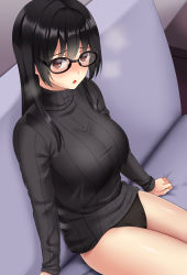 Rule 34 | 1girl, absurdres, arm support, arms at sides, black-framed eyewear, black hair, black panties, black sweater, blush, bralines, breasts, clothes pull, couch, denim, feet out of frame, glasses, highres, huyumitsu, indoors, jeans, large breasts, long hair, long sleeves, looking at viewer, no pants, on couch, open fly, original, panties, pants, pants pull, parted lips, photoshop (medium), red eyes, ribbed sweater, sitting, solo, straight hair, surprised, sweater, taut sweater, thighs, turtleneck, turtleneck sweater, underwear
