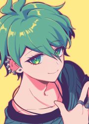 Rule 34 | 1boy, amami rantaro, antenna hair, closed mouth, collarbone, commentary request, danganronpa (series), danganronpa v3: killing harmony, ear piercing, earrings, green eyes, green hair, hair between eyes, jewelry, looking at viewer, male focus, necklace, piercing, portrait, ring, sasakama (sasagaki01), shirt, short hair, simple background, smile, solo, striped clothes, striped shirt, stud earrings, upper body, yellow background
