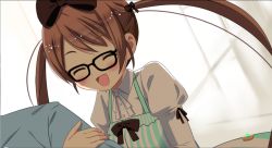 Rule 34 | 00s, 1boy, 1girl, blush, bow, brown hair, buttons, closed eyes, glasses, gradient background, hair bow, karin, long sleeves, open mouth, puffy sleeves, school, shirt, smile, solo focus, tokyo, tokyo school life, twintails, yayoi, yayoi karin