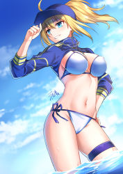 Rule 34 | 1girl, ahoge, artoria pendragon (fate), baseball cap, bikini, blonde hair, blue eyes, blue hat, blue sky, breasts, cloud, cloudy sky, commentary request, contrapposto, day, dutch angle, fate/grand order, fate (series), gogatsu fukuin, grin, groin, hair between eyes, hair through headwear, hand on headwear, hand on own hip, hand up, hat, high ponytail, highres, large breasts, long sleeves, looking away, looking to the side, mysterious heroine x (fate), mysterious heroine xx (fate), navel, outdoors, ponytail, shrug (clothing), side-tie bikini bottom, sidelocks, signature, skindentation, sky, smile, solo, swimsuit, thigh strap, v-shaped eyebrows, wading, water, wet, white bikini