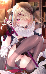 Rule 34 | 1girl, apron, black dress, black footwear, black panties, blonde hair, blouse, blue nails, blurry, blurry background, blush, book, bookshelf, breasts, brown thighhighs, center frills, closed mouth, commentary request, depth of field, dress, ear piercing, eyebrows hidden by hair, feet, frilled apron, frills, hair ornament, hair over one eye, highres, holding, indoors, ko yu, long hair, looking at viewer, maid, medium breasts, mop, nail polish, no shoes, original, panties, piercing, red eyes, shirt, shoes, single shoe, solo, sweat, thighhighs, twintails, underwear, white apron, white shirt