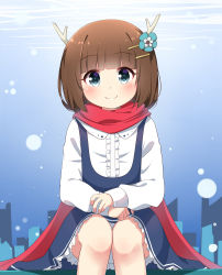 Rule 34 | 1girl, absurdres, antlers, blue dress, blue eyes, blue flower, blunt bangs, blush, brown hair, bubble, center frills, closed mouth, commentary request, copyright request, dress, flower, frills, hair flower, hair ornament, hairclip, highres, horns, ikazu401, indie utaite, long hair, long sleeves, own hands together, red scarf, scarf, shirt, sitting, sleeveless, sleeveless dress, sleeves past wrists, smile, solo, underwater, white shirt