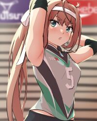 Rule 34 | 1girl, alternate costume, alternate hairstyle, arthur ko, asagumo (kancolle), brown hair, commentary request, grey eyes, grey shirt, headband, highres, jersey, kantai collection, long hair, multicolored shirt, ponytail, shirt, sleeveless, sleeveless shirt, solo, sportswear, unfinished, upper body, volleyball uniform, white headband