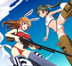Rule 34 | 2girls, animal ears, armpits, bikini, black eyes, black hair, blue eyes, browning automatic rifle, cat ears, cat tail, charlotte e. yeager, francesca lucchini, grin, gun, hair ribbon, long hair, looking at viewer, midriff, multiple girls, nanashino, navel, open mouth, orange hair, rabbit ears, rabbit girl, rabbit tail, ribbon, smile, strike witches, striker unit, swimsuit, tail, trigger discipline, twintails, weapon, world witches series