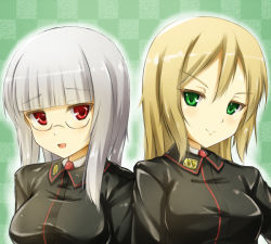 Rule 34 | 2girls, blonde hair, blunt bangs, blush, checkered background, glasses, green eyes, heidimarie w. schnaufer, heinrike prinzessin zu sayn-wittgenstein, kuragari, long hair, long sleeves, looking at another, military, military uniform, multiple girls, open mouth, red eyes, silver hair, smile, strike witches, uniform, world witches series