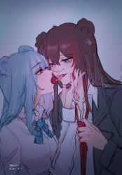 Rule 34 | 2girls, :d, absurdres, arknights, black jacket, blazer, blue eyes, blue hair, blue neckwear, brown hair, cherry, chinese commentary, commentary request, dated, eye contact, food, food in mouth, fruit, grey background, hair between eyes, hand up, highres, implied yuri, istina (arknights), jacket, long hair, long sleeves, looking at another, mouth hold, multiple girls, necktie, no headwear, open mouth, red hair, red neckwear, shirt, signature, smile, tongue, tongue out, upper body, white shirt, wing collar, ya kexi, zima (arknights)