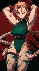 Rule 34 | 1girl, armpits, arms up, bare shoulders, blonde hair, braid, breasts, cammy white, curvy, fingerless gloves, gloves, green eyes, hat, highleg, highleg leotard, highres, large breasts, leotard, long hair, masgamjya, one eye closed, scar, scar on face, sleeveless, street fighter, twin braids, wide hips