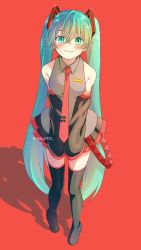Rule 34 | 1girl, aqua eyes, aqua hair, bad id, bad pixiv id, bare shoulders, black skirt, black sleeves, black thighhighs, boots, commentary, detached sleeves, full body, grey shirt, hair ornament, hatsune miku, long hair, looking at viewer, necktie, own hands together, pleated skirt, red background, red necktie, renshu usodayo, shadow, shirt, shoulder tattoo, skirt, sleeveless, sleeveless shirt, sleeves past fingers, sleeves past wrists, smile, solo, standing, tattoo, thigh boots, thighhighs, twintails, twitter username, very long hair, vocaloid