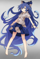 Rule 34 | 1girl, absurdly long hair, bangle, bare legs, barefoot, blue bow, blue eyes, blue hair, blue skirt, bow, bracelet, debt, e.o., full body, gradient background, grey background, grey hoodie, highres, hood, hoodie, jewelry, long hair, open mouth, simple background, skirt, touhou, very long hair, yorigami shion