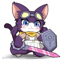 Rule 34 | artist request, blue eyes, cat, cat busters, cornelia (cat busters), furry, goggles, goggles on head, shield, smile, sword, weapon