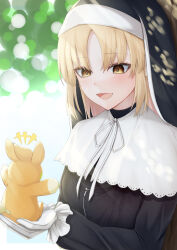 Rule 34 | 1girl, black dress, blonde hair, capelet, dress, frilled gloves, frills, gloves, habit, highres, kouyadoufu, light blush, long hair, long sleeves, looking at animal, nijisanji, nun, sister claire, sister claire (1st costume), solo, traditional nun, virtual youtuber, white capelet, white gloves, yellow eyes, zipper dress, zipper pull tab