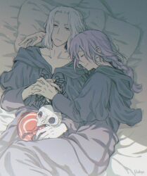 Rule 34 | 2boys, arm around neck, artist name, black capelet, black robe, braid, braided ponytail, capelet, closed eyes, collarbone, couple, cowboy shot, cuddling, day, emet-selch, final fantasy, final fantasy xiv, from above, head on another&#039;s shoulder, highres, holding hands, hood, hood down, hooded capelet, hythlodaeus, indoors, looking at another, lying, male focus, mask, medium hair, multiple boys, on back, on bed, on side, pillow, profile, purple hair, radoge14, robe, shade, short hair, signature, single braid, smile, unworn mask, white hair, yaoi, yellow eyes